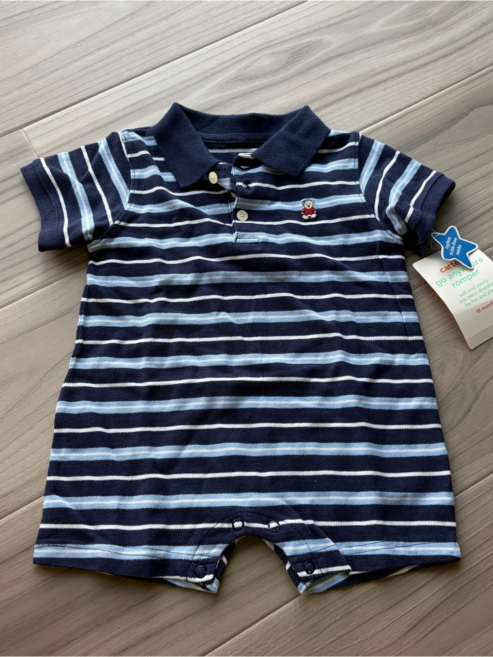 Striped Polo Romper in Navy & Light Blue
